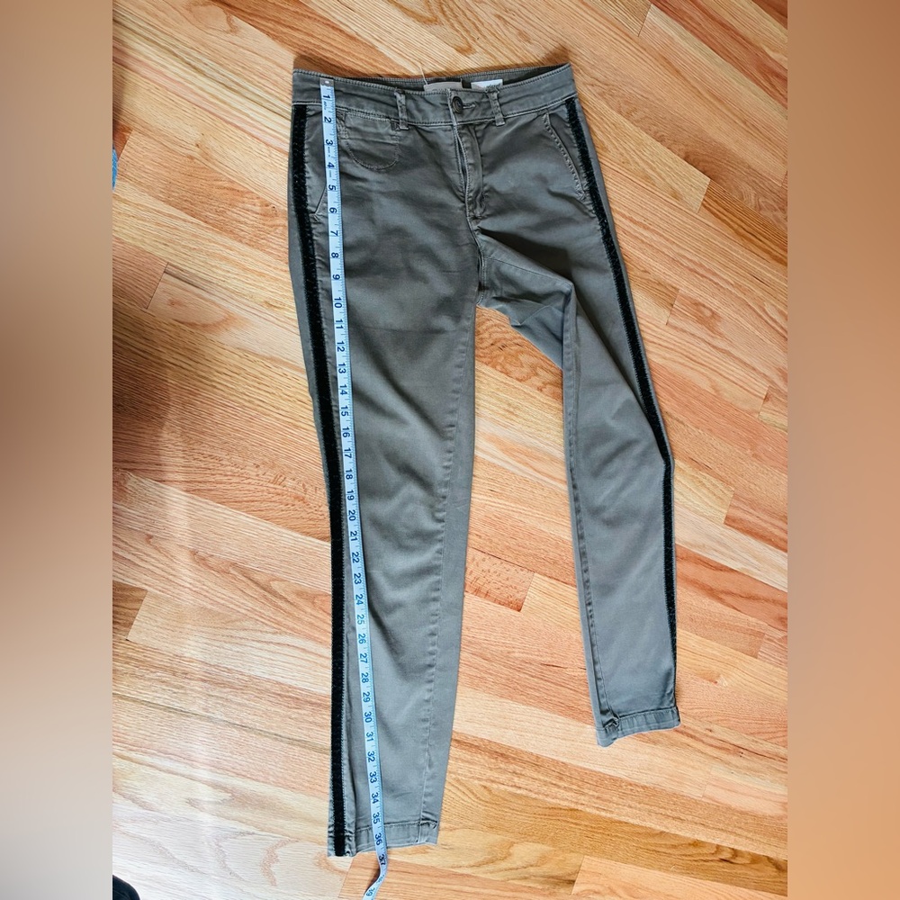 Anthropologie Stylish Olive Green‎ Pants with green velvet Stripe - Picture 7 of 7